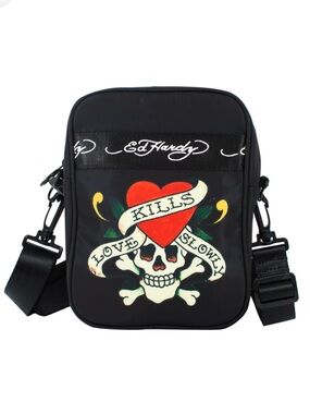 Ed Hardy New Black Crossbody Bag with Red Heart Skull Graphic